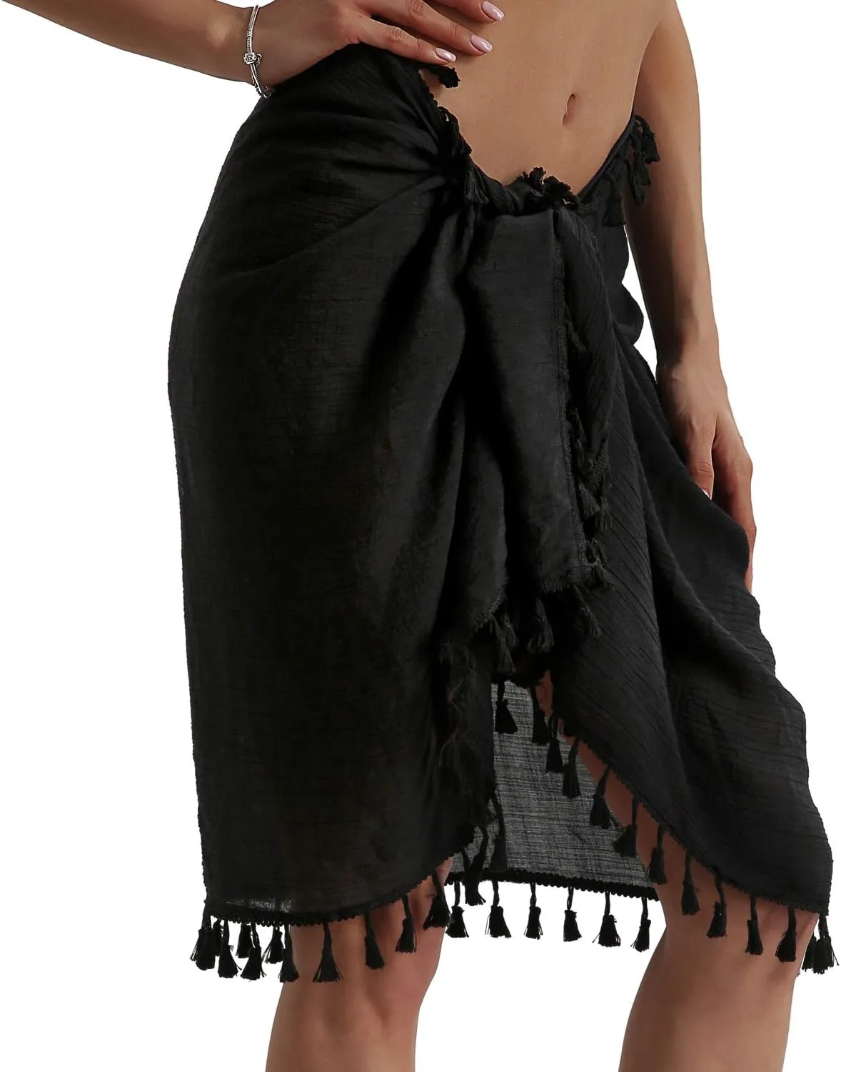 Eicolorte Beach Sarong Pareo Womens Semi-Sheer Swimwear Cover Ups Short Skirt with Tassels