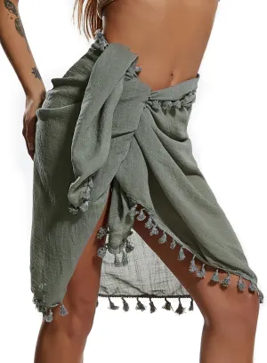 Eicolorte Beach Sarong Pareo Womens Semi-Sheer Swimwear Cover Ups Short Skirt with Tassels