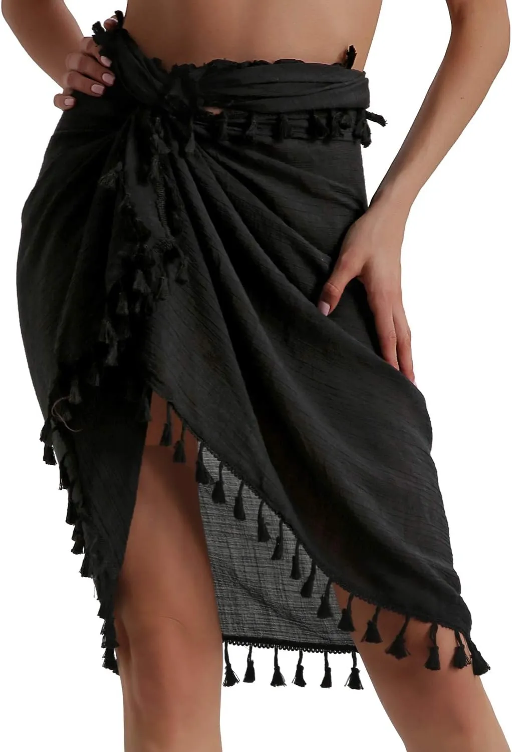 Eicolorte Beach Sarong Pareo Womens Semi-Sheer Swimwear Cover Ups Short Skirt with Tassels