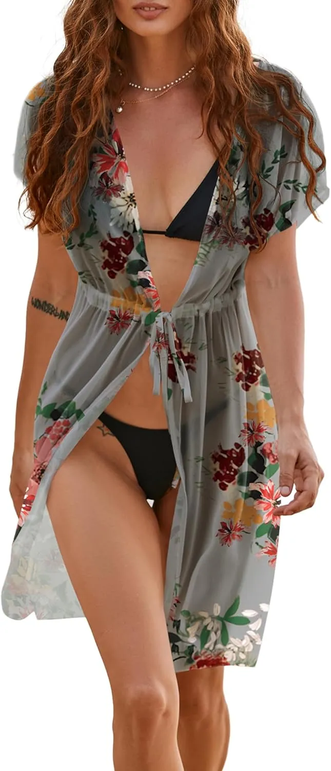 Ekouaer Bathing Suit Cover Up Chiffon Swim Suit Coverup Tie Front Sheer Beach Kimono Coverups Swimwear Cardigans