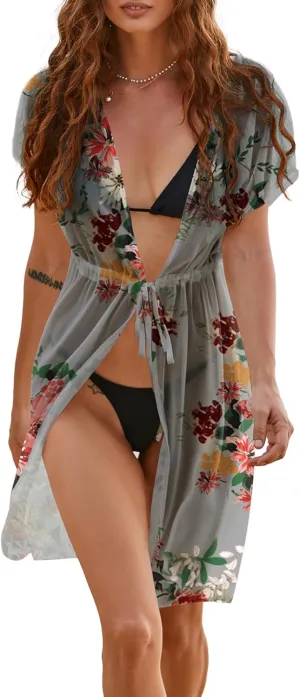 Ekouaer Bathing Suit Cover Up Chiffon Swim Suit Coverup Tie Front Sheer Beach Kimono Coverups Swimwear Cardigans