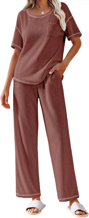 Ekouaer Women Waffle Knit Lounge Sets Short Sleeve Top and Long Pant Pajama Set Loungewear 2 Piece Pjs Set with Pockets