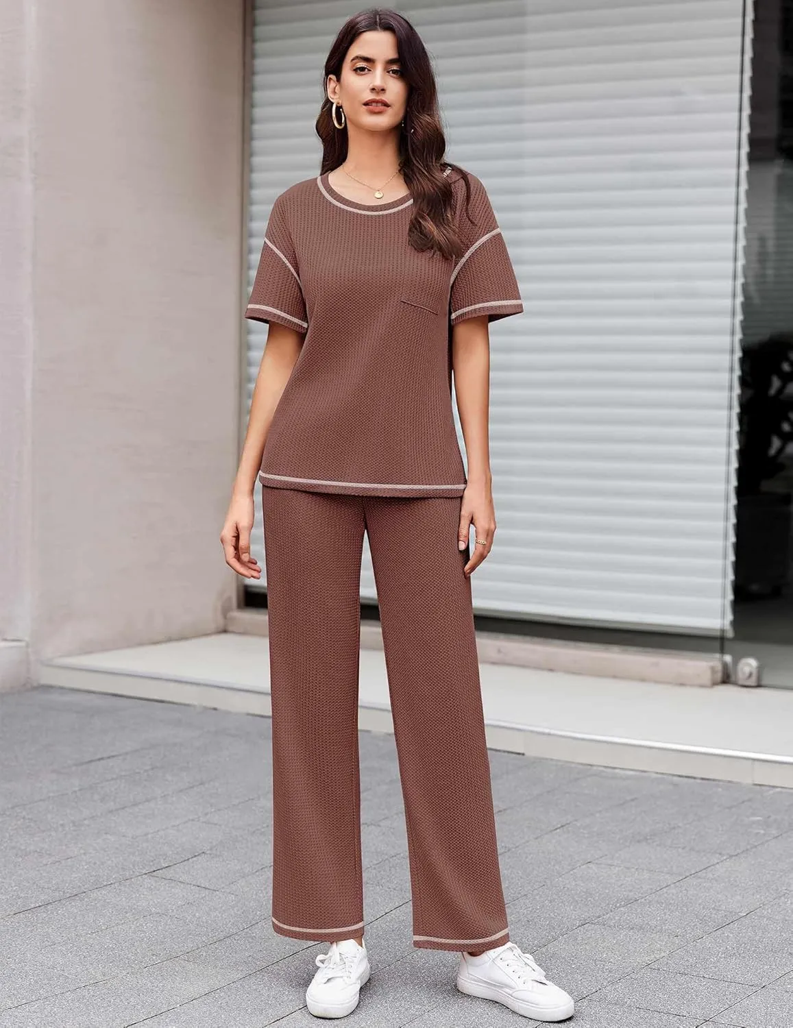 Ekouaer Women Waffle Knit Lounge Sets Short Sleeve Top and Long Pant Pajama Set Loungewear 2 Piece Pjs Set with Pockets