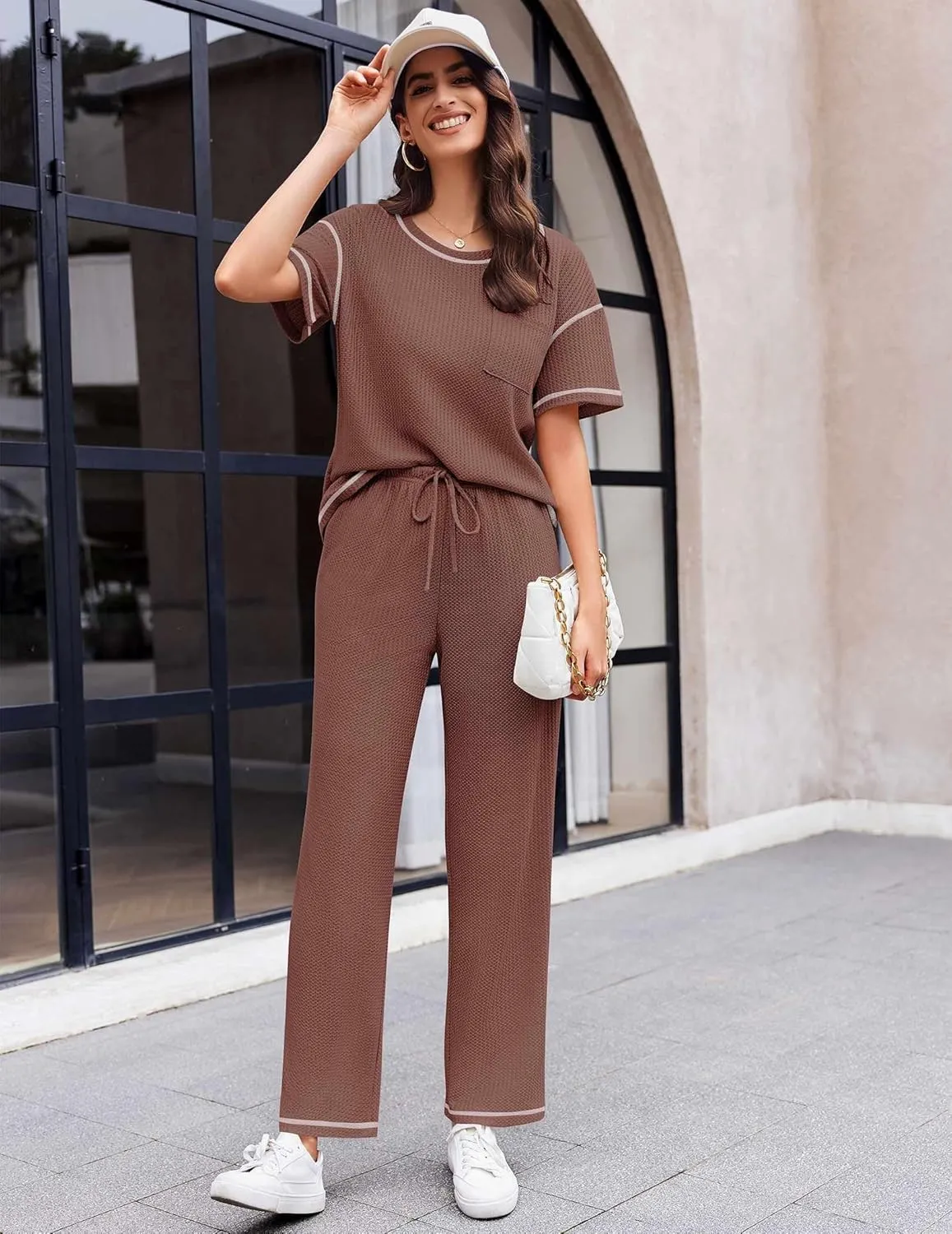 Ekouaer Women Waffle Knit Lounge Sets Short Sleeve Top and Long Pant Pajama Set Loungewear 2 Piece Pjs Set with Pockets