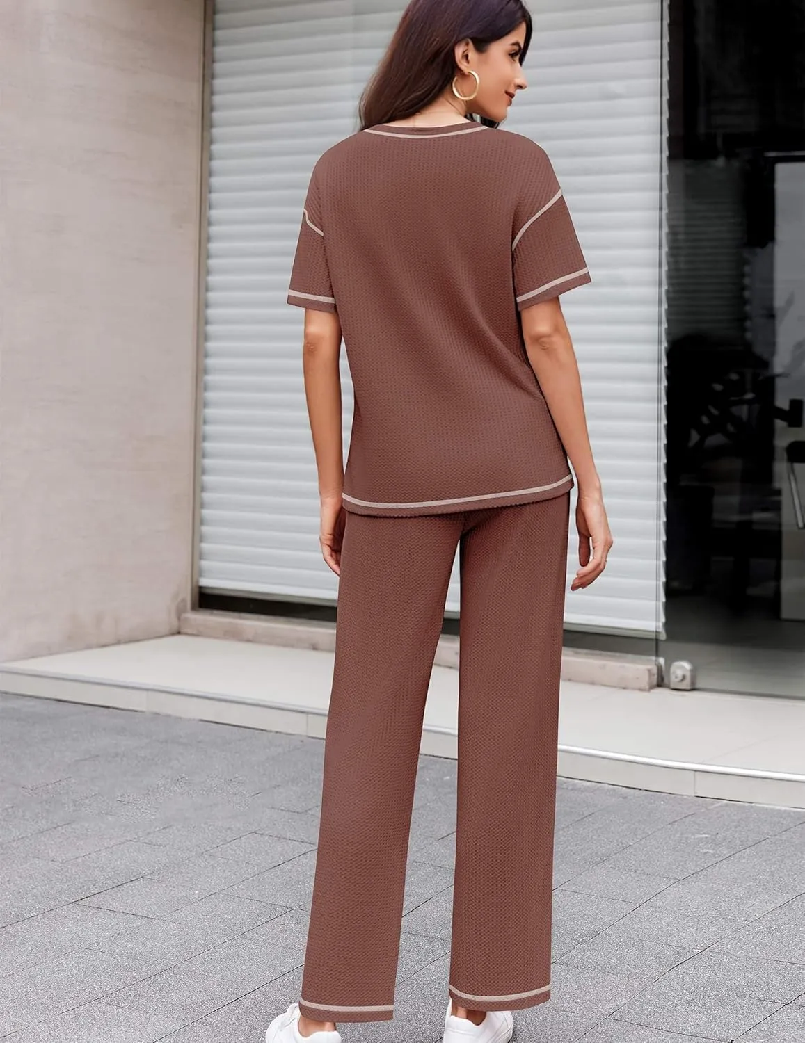 Ekouaer Women Waffle Knit Lounge Sets Short Sleeve Top and Long Pant Pajama Set Loungewear 2 Piece Pjs Set with Pockets