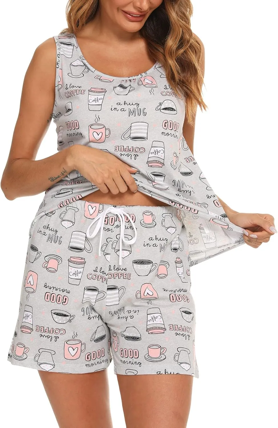 ENJOYNIGHT Womens Pajamas Set Cotton Summer Sleep Tank and Shorts Pjs Sleeveless Sleepwear