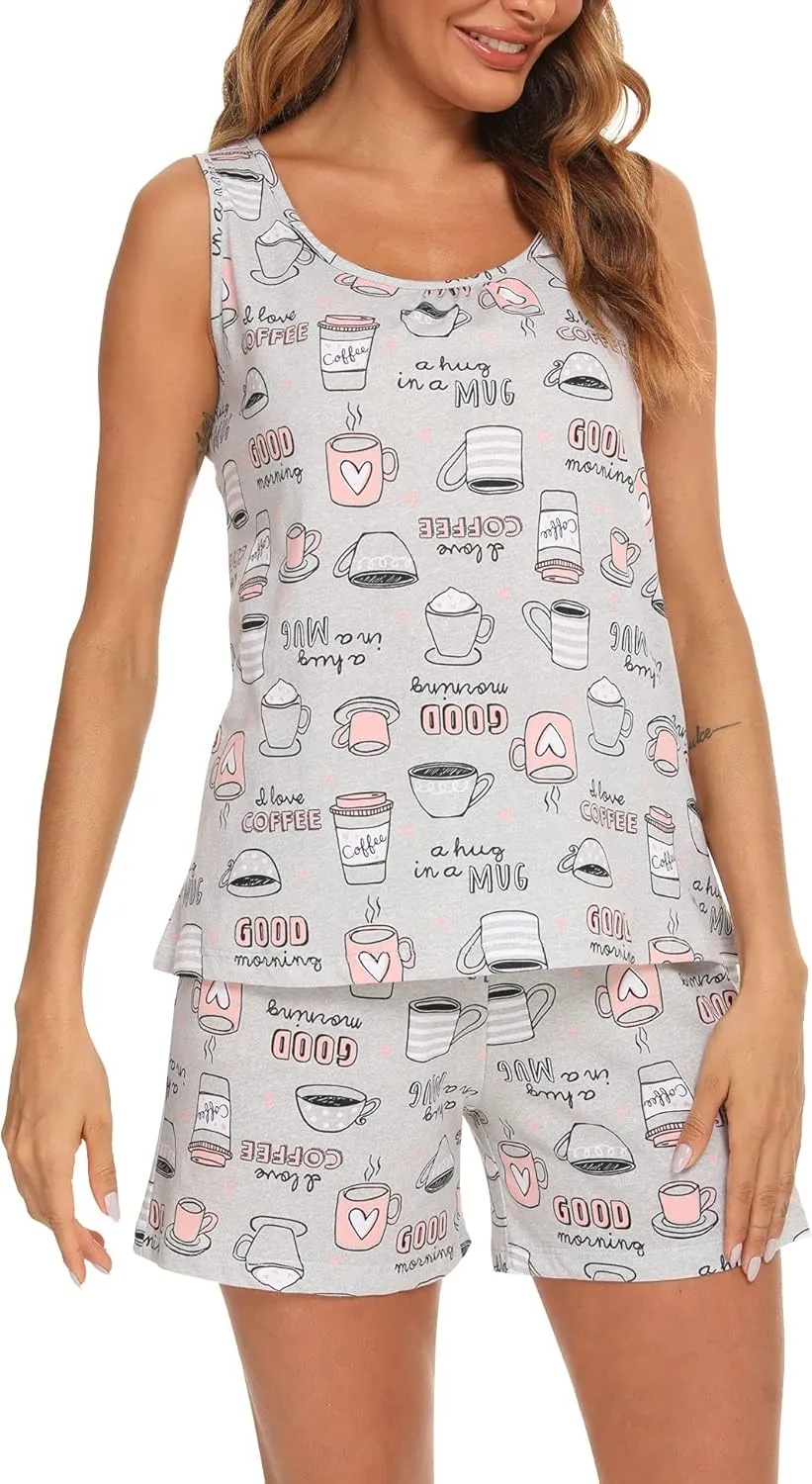 ENJOYNIGHT Womens Pajamas Set Cotton Summer Sleep Tank and Shorts Pjs Sleeveless Sleepwear