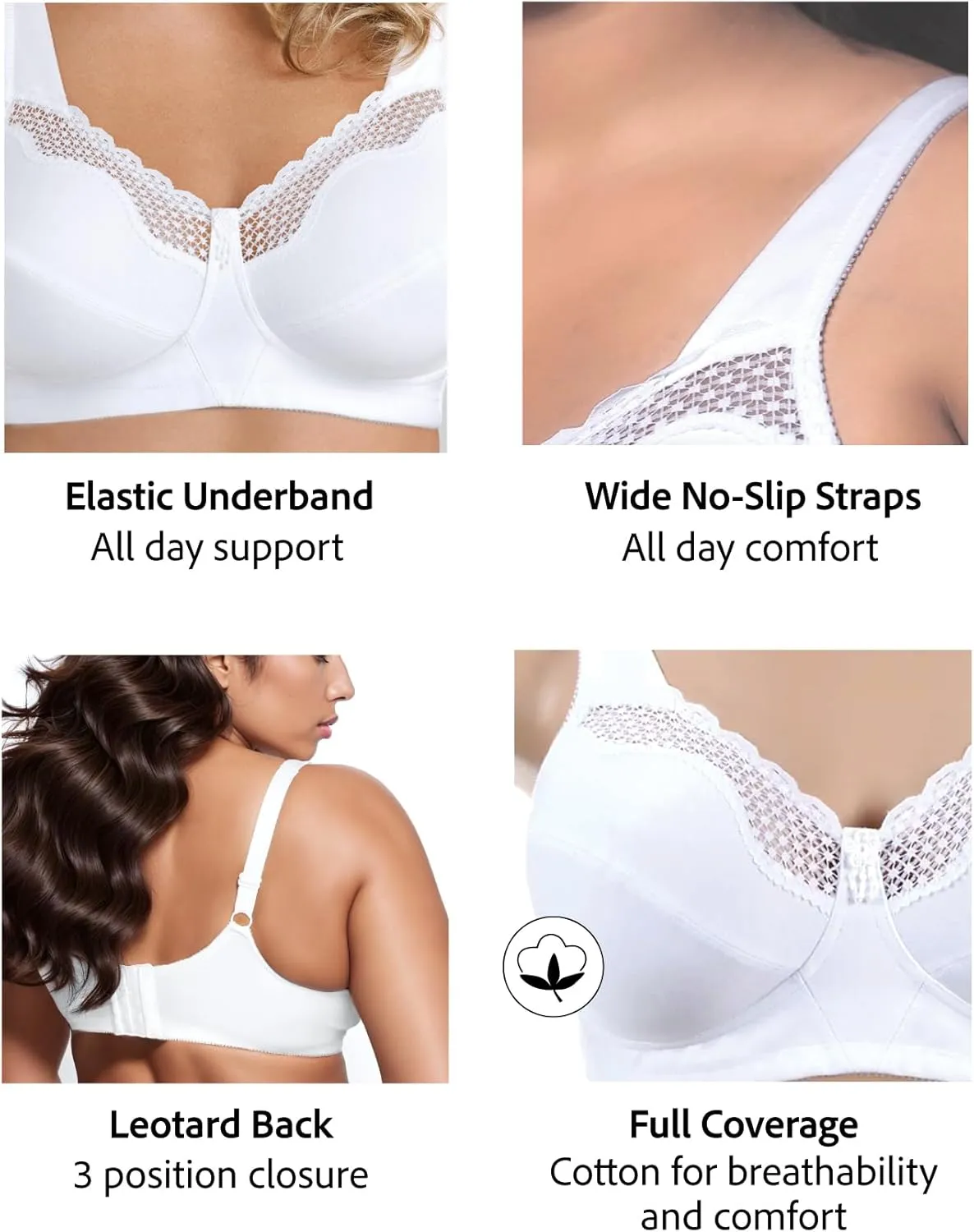 Exquisite Form 5100535 Fully Cotton Soft Cup Wireless Full-Coverage Bra with Back Closure & Lace