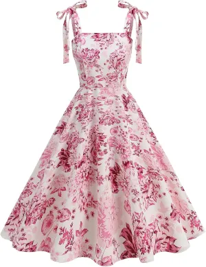 Floral Printed Corset Dress Ruched Bust Cami Dress Flowy Sundress Square Neck Dress Vintage 1950s Halter Cocktail Party Dress