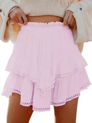 Flowy Shorts for Women Casual Boho Ruffle Tiered Skorts High Waist Mini Skirts Golf Tennis Crochet Shorts
