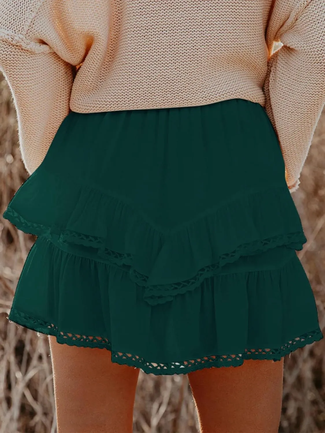 Flowy Shorts for Women Casual Boho Ruffle Tiered Skorts High Waist Mini Skirts Golf Tennis Crochet Shorts