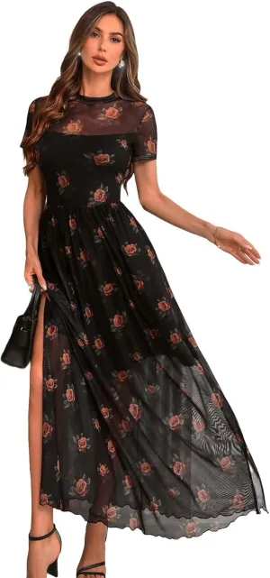 GothDark Women's Mesh Dress Short Sleeve Round Collar Floral Print Waist-Cinched Maxi Summer Casual Dress