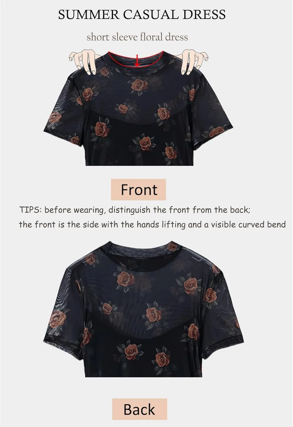 GothDark Women's Mesh Dress Short Sleeve Round Collar Floral Print Waist-Cinched Maxi Summer Casual Dress
