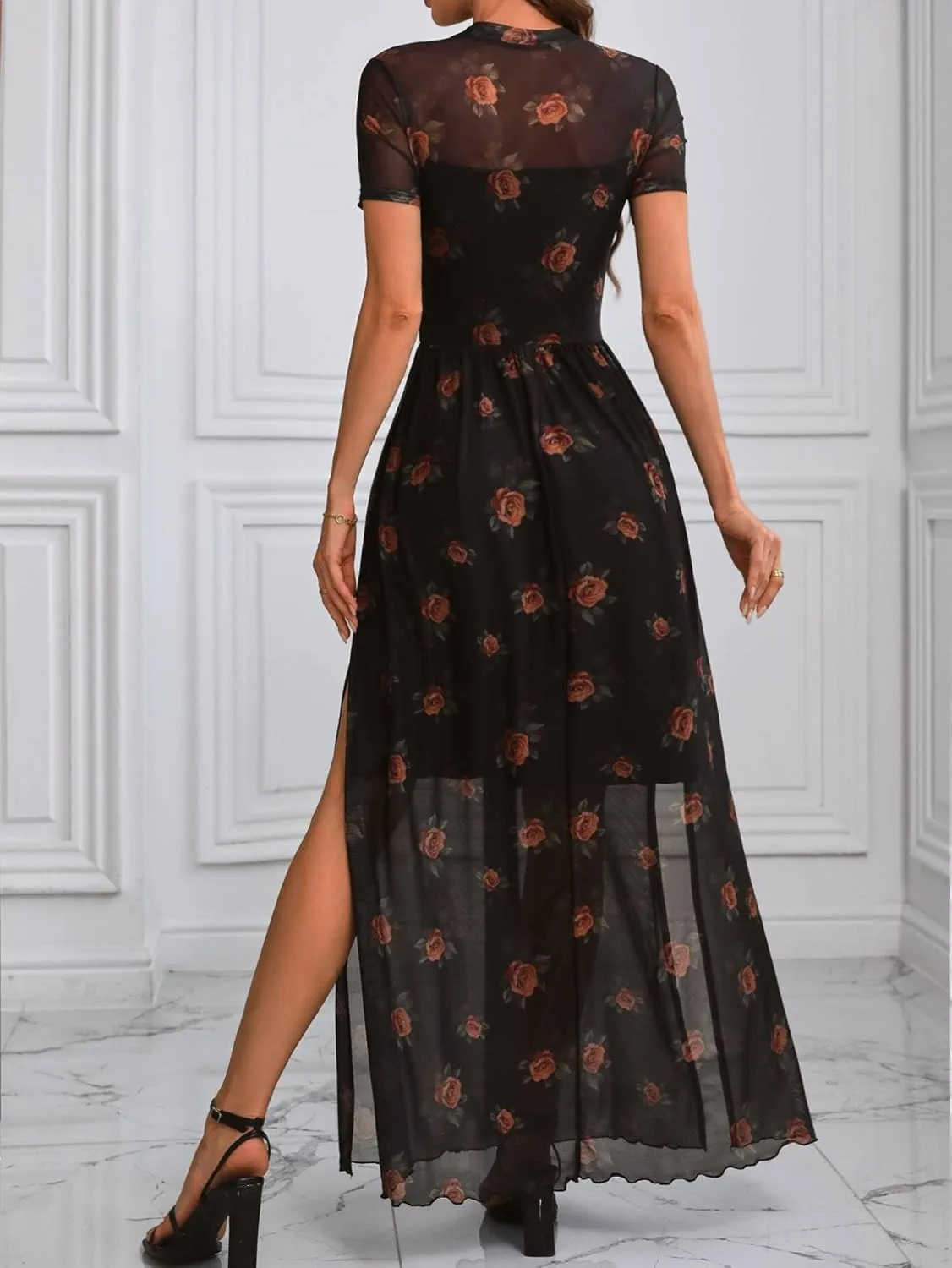 GothDark Women's Mesh Dress Short Sleeve Round Collar Floral Print Waist-Cinched Maxi Summer Casual Dress