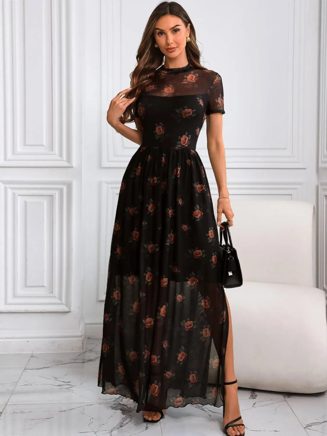 GothDark Women's Mesh Dress Short Sleeve Round Collar Floral Print Waist-Cinched Maxi Summer Casual Dress