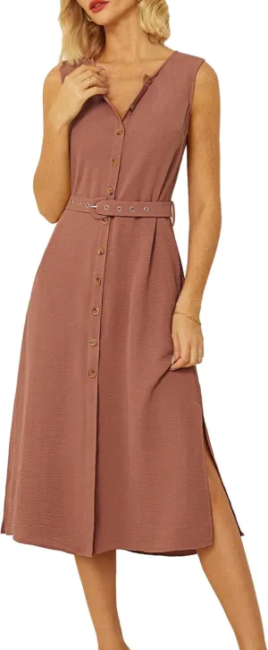 GRACE KARIN Women Casual Summer Dress 2025 Business Work Belted Sleeveless Button Down Shirt Midi Dresses with Pockets