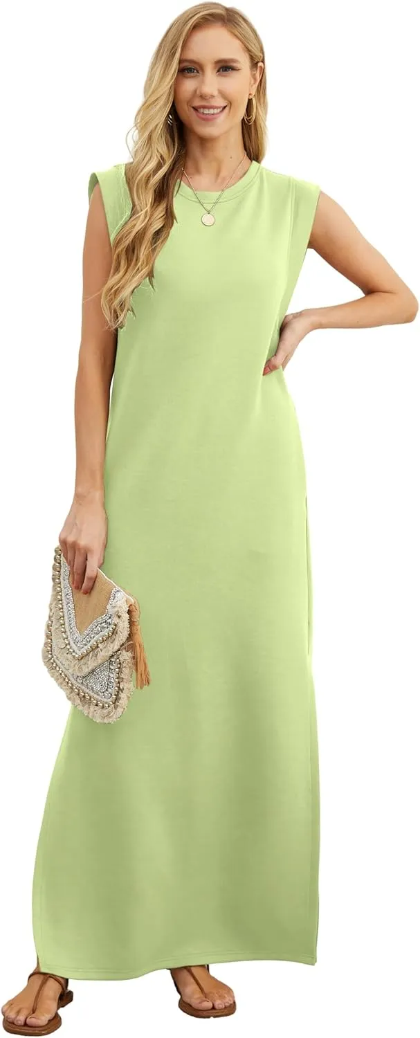 GRECERELLE 2025 Women Summer Round Neck Casual Loose Split Wrinkle-Free Long Maxi Vacation Dress with Pockets (XS-3XL)