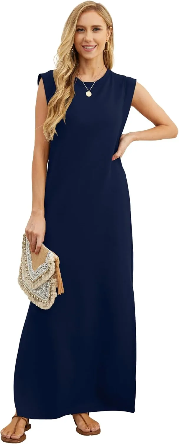 GRECERELLE 2025 Women Summer Round Neck Casual Loose Split Wrinkle-Free Long Maxi Vacation Dress with Pockets (XS-3XL)