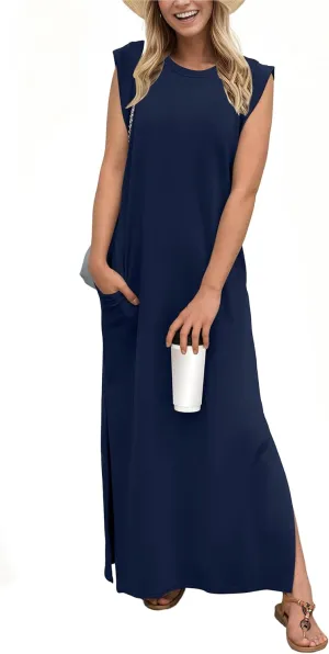 GRECERELLE 2025 Women Summer Round Neck Casual Loose Split Wrinkle-Free Long Maxi Vacation Dress with Pockets (XS-3XL)