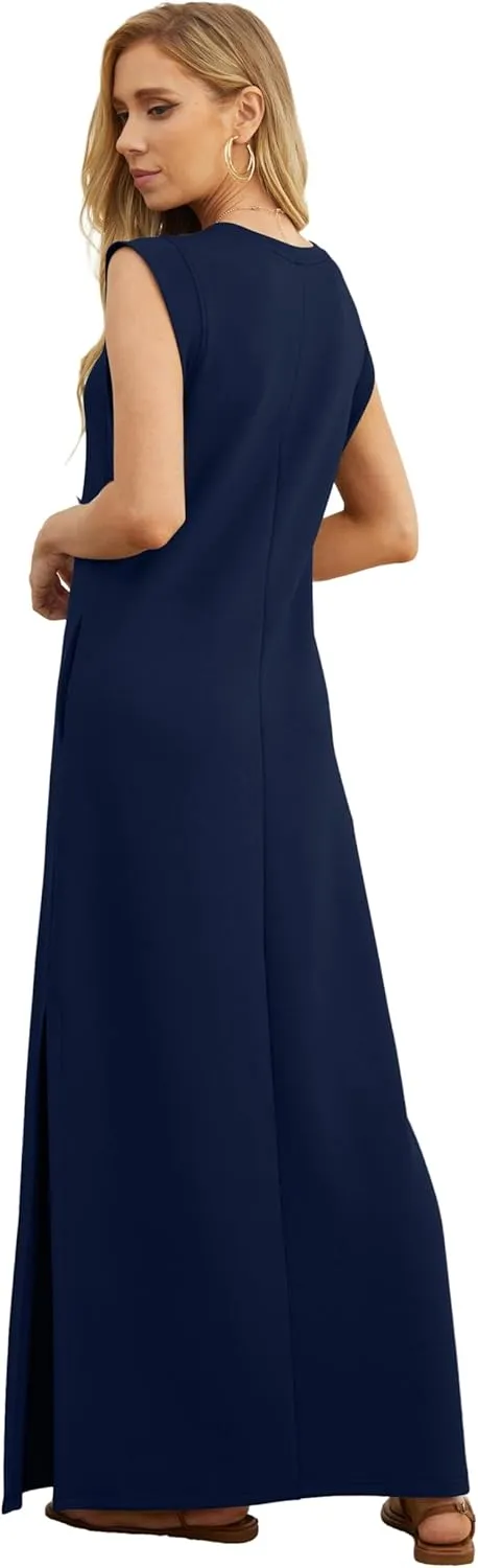GRECERELLE 2025 Women Summer Round Neck Casual Loose Split Wrinkle-Free Long Maxi Vacation Dress with Pockets (XS-3XL)