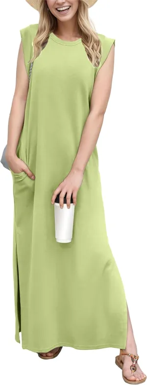 GRECERELLE 2025 Women Summer Round Neck Casual Loose Split Wrinkle-Free Long Maxi Vacation Dress with Pockets (XS-3XL)