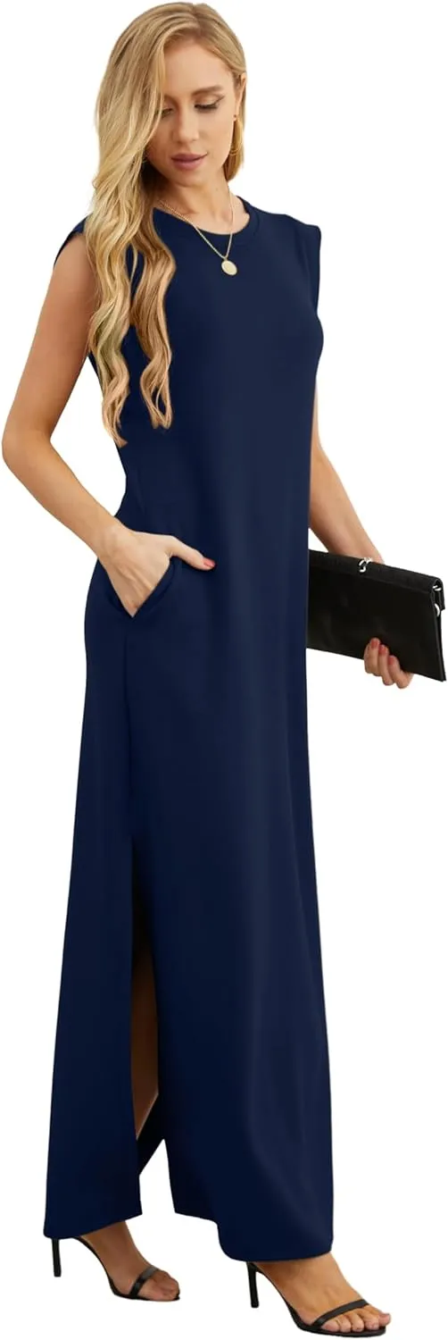 GRECERELLE 2025 Women Summer Round Neck Casual Loose Split Wrinkle-Free Long Maxi Vacation Dress with Pockets (XS-3XL)