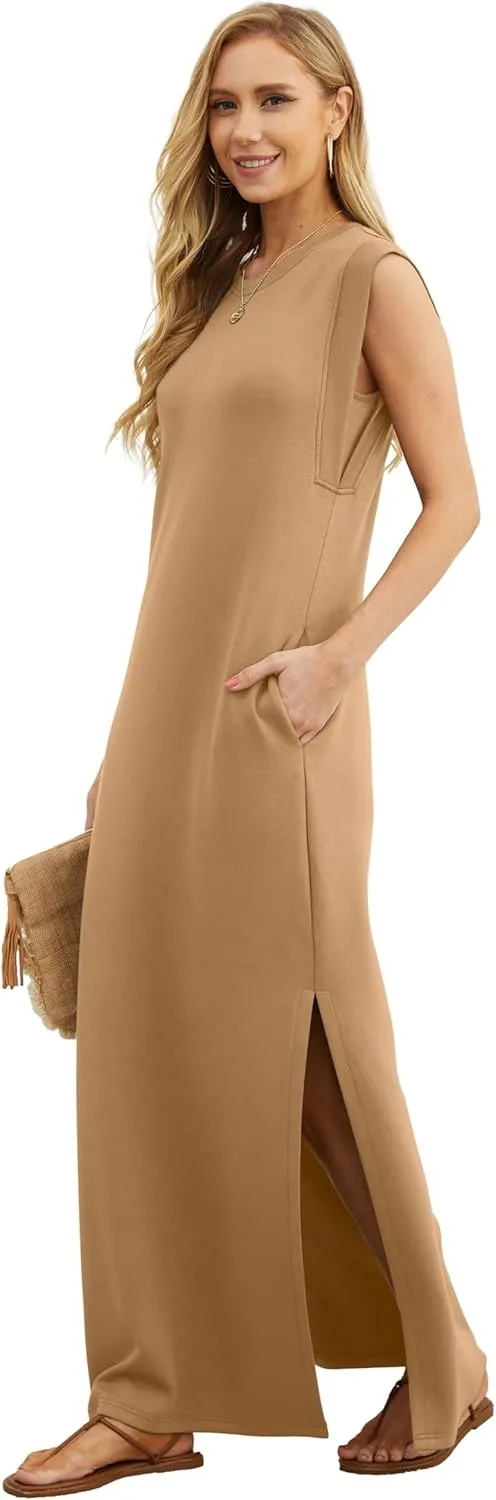 GRECERELLE 2025 Women Summer Round Neck Casual Loose Split Wrinkle-Free Long Maxi Vacation Dress with Pockets (XS-3XL)