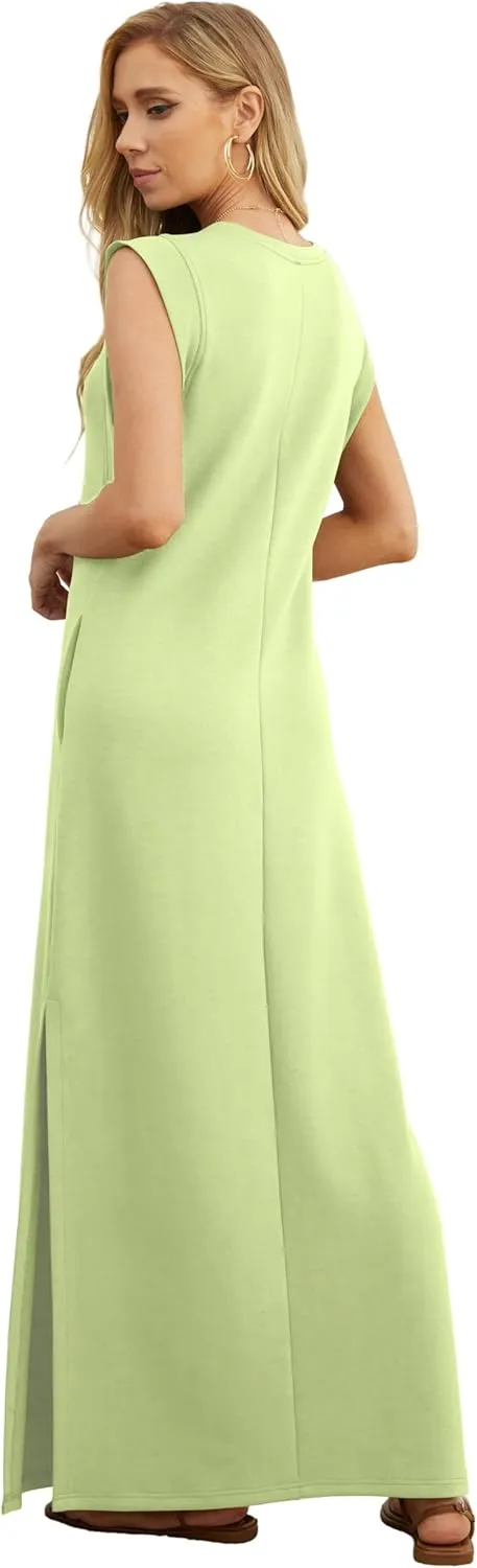 GRECERELLE 2025 Women Summer Round Neck Casual Loose Split Wrinkle-Free Long Maxi Vacation Dress with Pockets (XS-3XL)