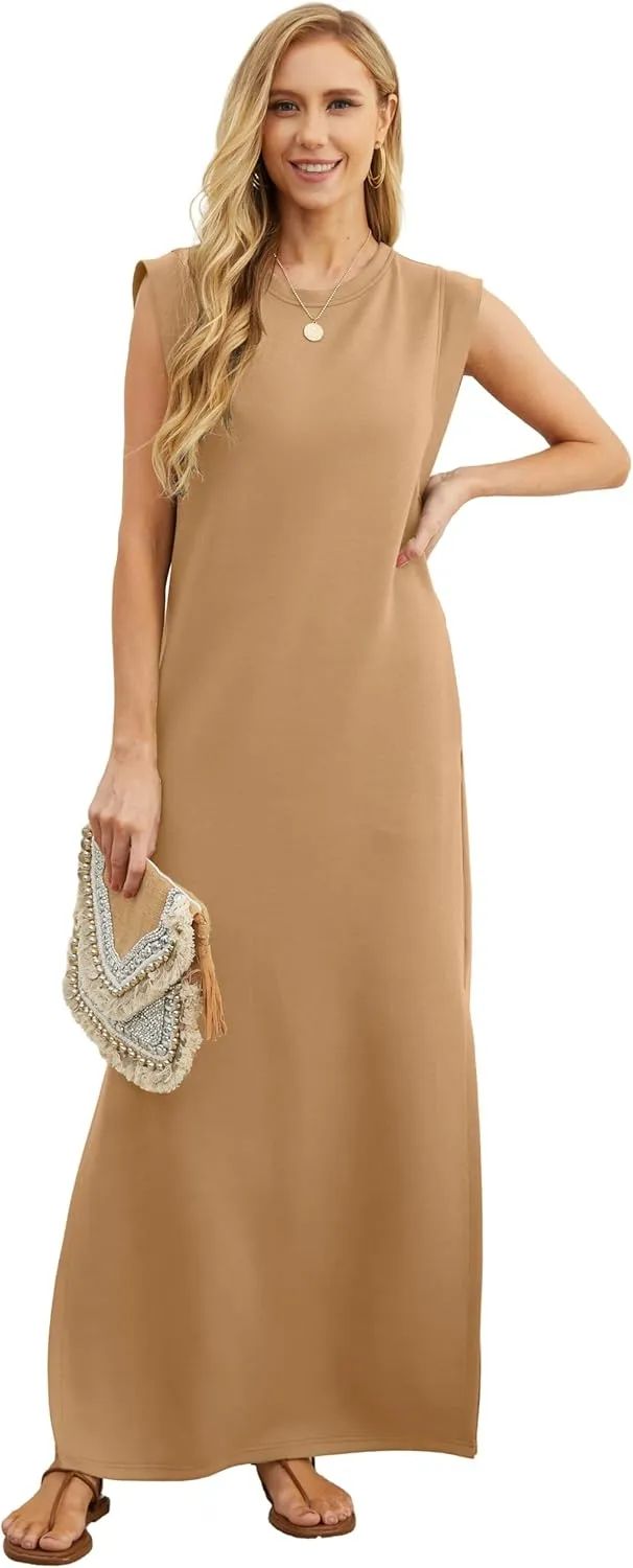 GRECERELLE 2025 Women Summer Round Neck Casual Loose Split Wrinkle-Free Long Maxi Vacation Dress with Pockets (XS-3XL)