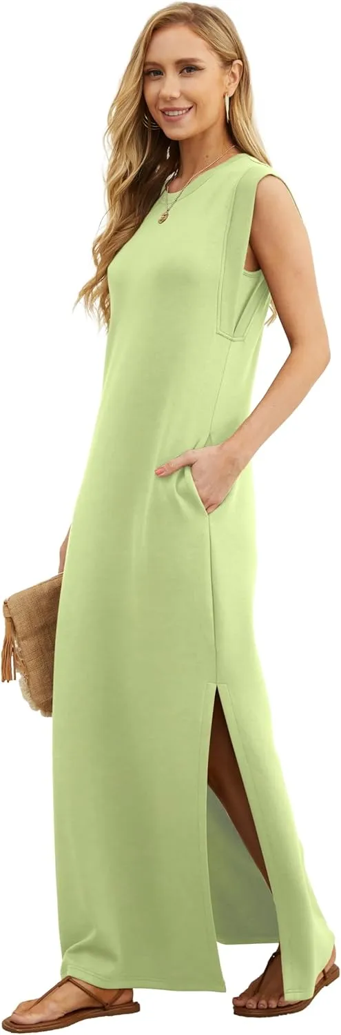 GRECERELLE 2025 Women Summer Round Neck Casual Loose Split Wrinkle-Free Long Maxi Vacation Dress with Pockets (XS-3XL)