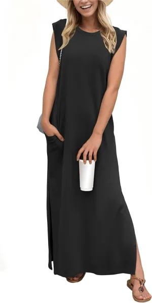 GRECERELLE 2025 Women Summer Round Neck Casual Loose Split Wrinkle-Free Long Maxi Vacation Dress with Pockets (XS-3XL)