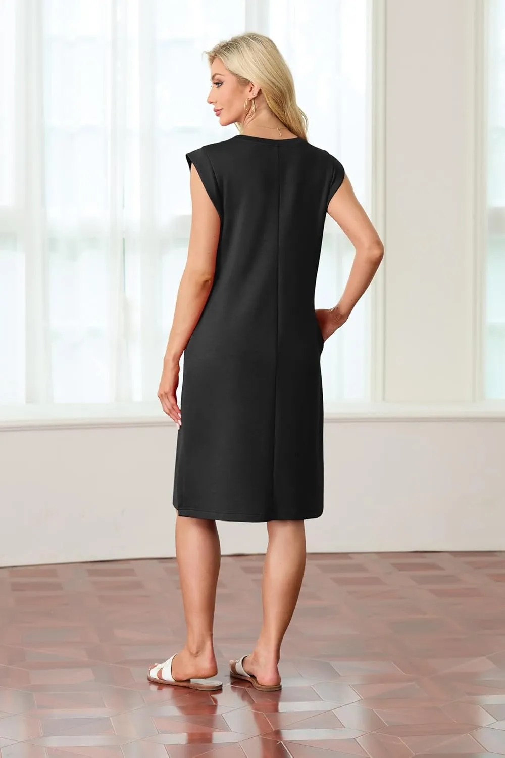 GRECERELLE 2025 Women Summer Round Neck Casual Loose Split Wrinkle-Free Midi Dress with Pockets (XS-3XL)