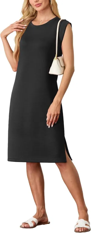 GRECERELLE 2025 Women Summer Round Neck Casual Loose Split Wrinkle-Free Midi Dress with Pockets (XS-3XL)