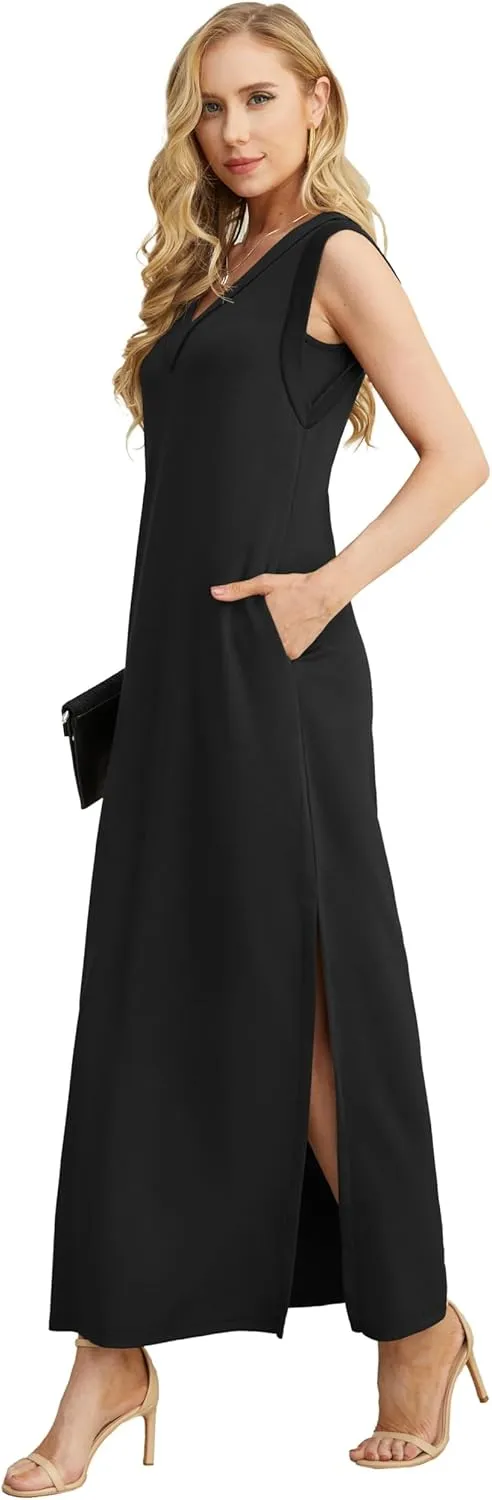 GRECERELLE 2025 Women Summer V-Neck Casual Loose Split Wrinkle-Free Long Maxi Beach Dress with Pockets