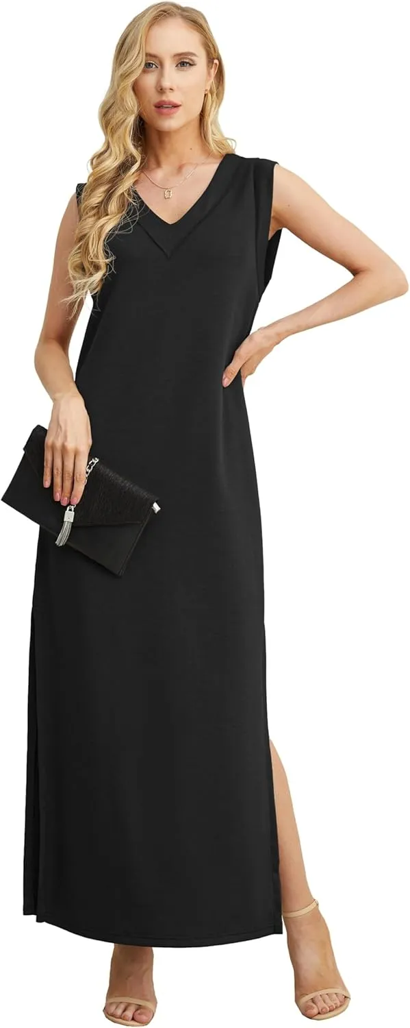 GRECERELLE 2025 Women Summer V-Neck Casual Loose Split Wrinkle-Free Long Maxi Beach Dress with Pockets