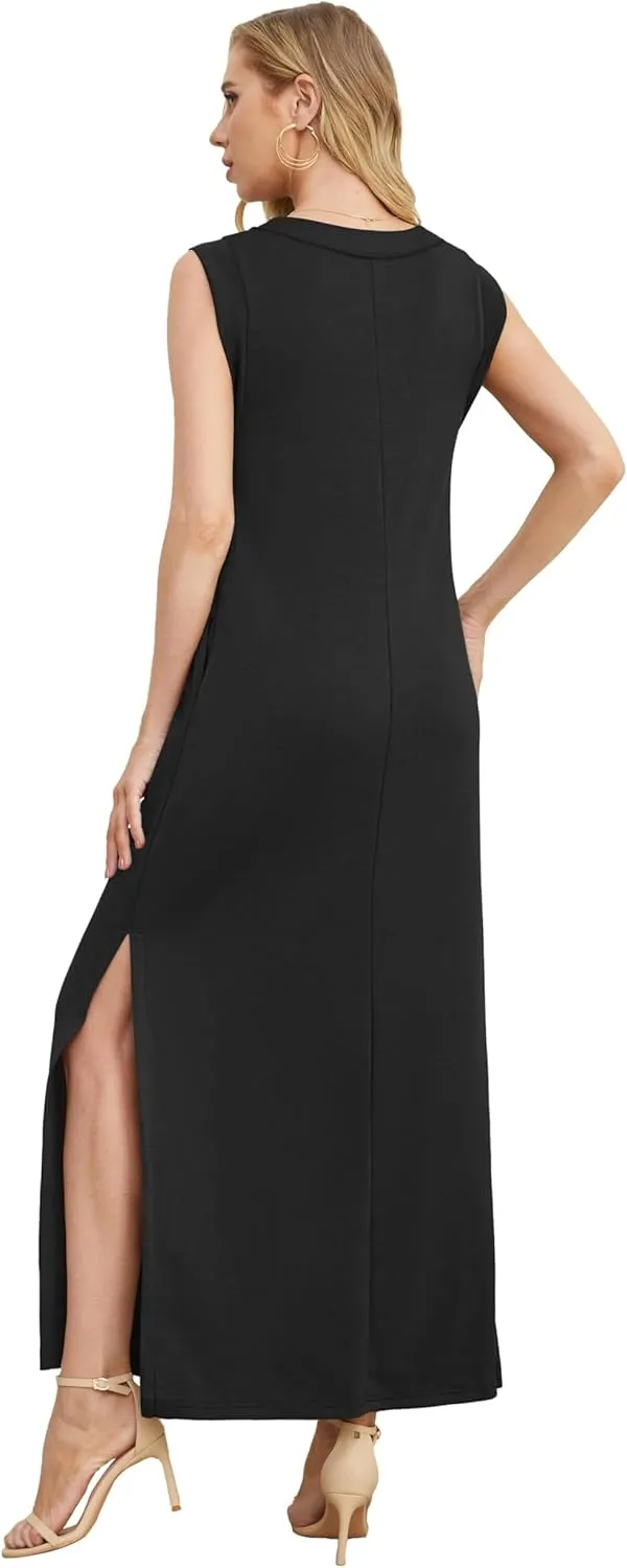 GRECERELLE 2025 Women Summer V-Neck Casual Loose Split Wrinkle-Free Long Maxi Beach Dress with Pockets