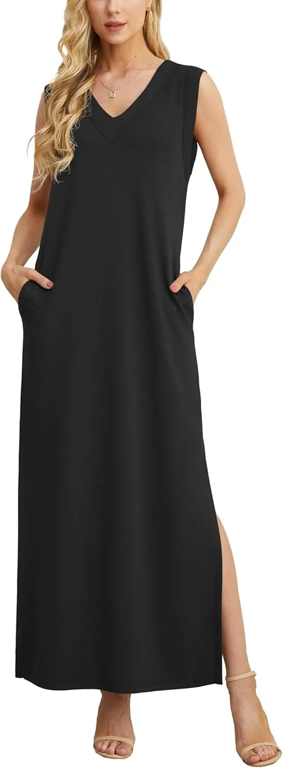 GRECERELLE 2025 Women Summer V-Neck Casual Loose Split Wrinkle-Free Long Maxi Beach Dress with Pockets