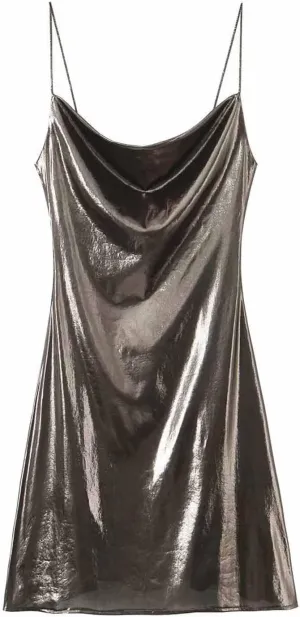 HGps8w Women's Sexy Backless Metallic Cami Clubwear Dresses Spaghetti Strap Sleeveless Cowl Neck Party Cocktail Mini Dress