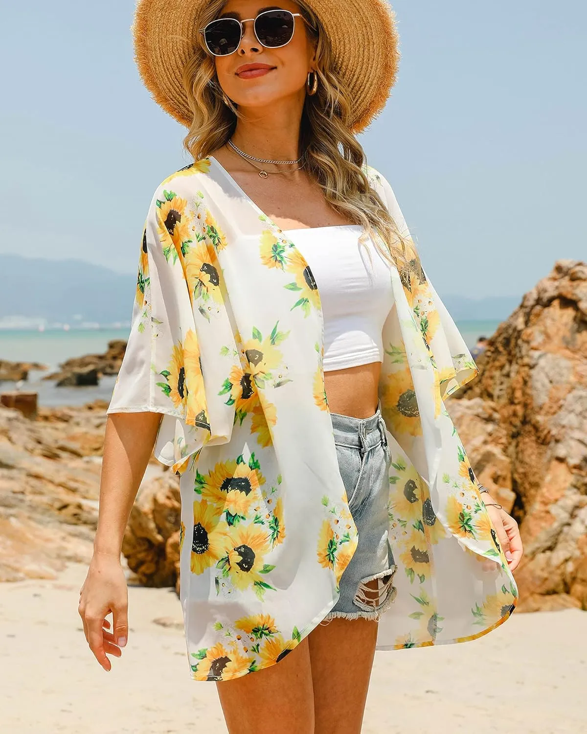 Hibluco Women's Floral Kimono Cardigan Casual Chiffon Tops Loose Beach Cover Ups