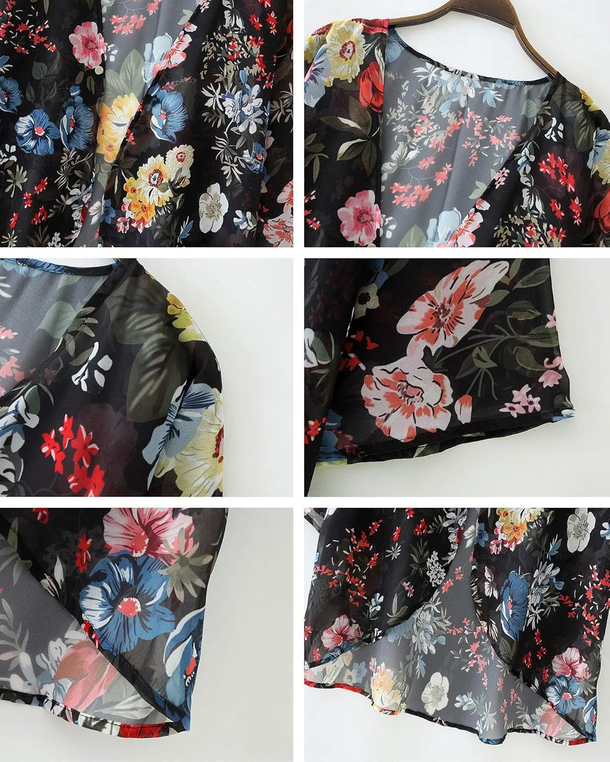 Hibluco Women's Floral Kimono Cardigan Casual Chiffon Tops Loose Beach Cover Ups