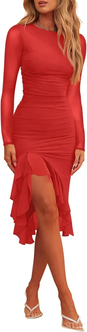 Hocuos Womens 2025 Round Neck Long Sleeve Ruffle Hem Midi Dress Mesh Ruched Bodycon Formal Cocktail Wedding Guest Dresses