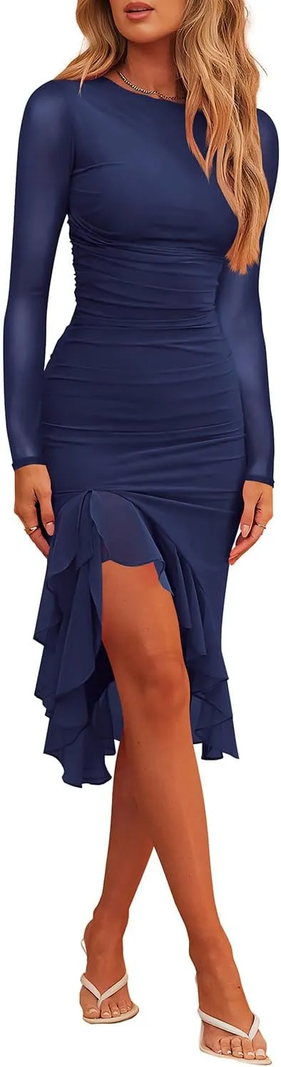 Hocuos Womens 2025 Round Neck Long Sleeve Ruffle Hem Midi Dress Mesh Ruched Bodycon Formal Cocktail Wedding Guest Dresses