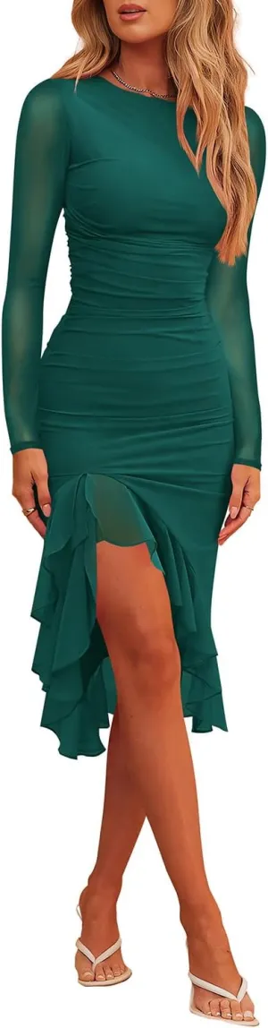 Hocuos Womens 2025 Round Neck Long Sleeve Ruffle Hem Midi Dress Mesh Ruched Bodycon Formal Cocktail Wedding Guest Dresses