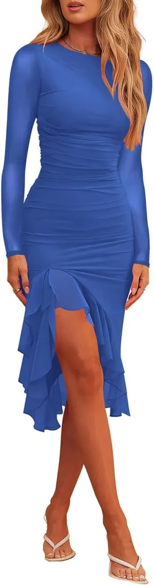 Hocuos Womens 2025 Round Neck Long Sleeve Ruffle Hem Midi Dress Mesh Ruched Bodycon Formal Cocktail Wedding Guest Dresses