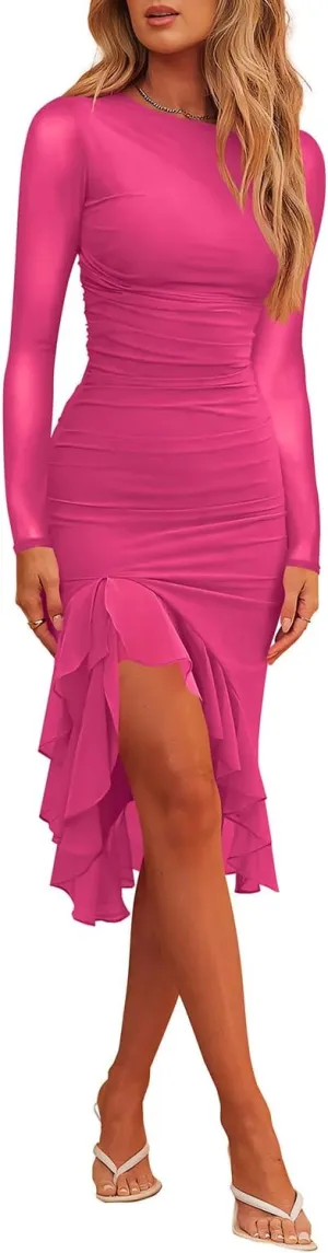 Hocuos Womens 2025 Round Neck Long Sleeve Ruffle Hem Midi Dress Mesh Ruched Bodycon Formal Cocktail Wedding Guest Dresses