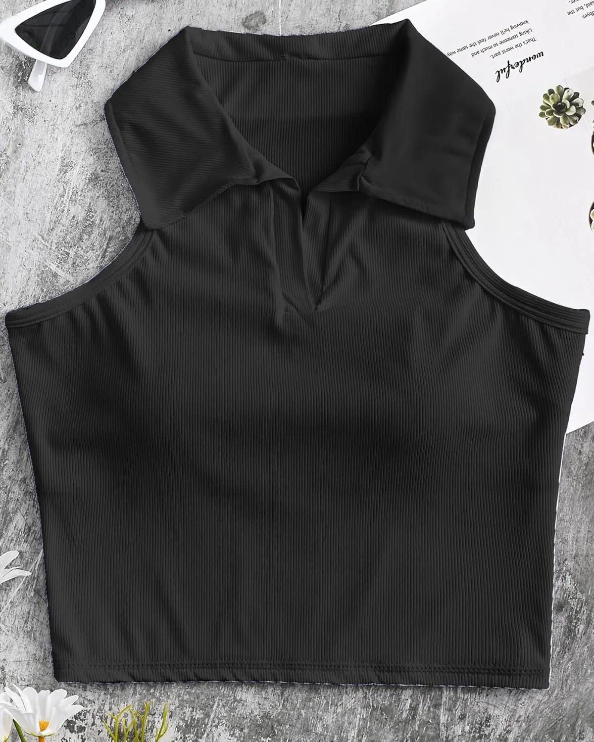 HyMeYou Women Workout Crop Top Built in Bra Ribbed Athletic Tank Tops Casual Sleeveless Collar Shirts Padded Sports Yoga Vest