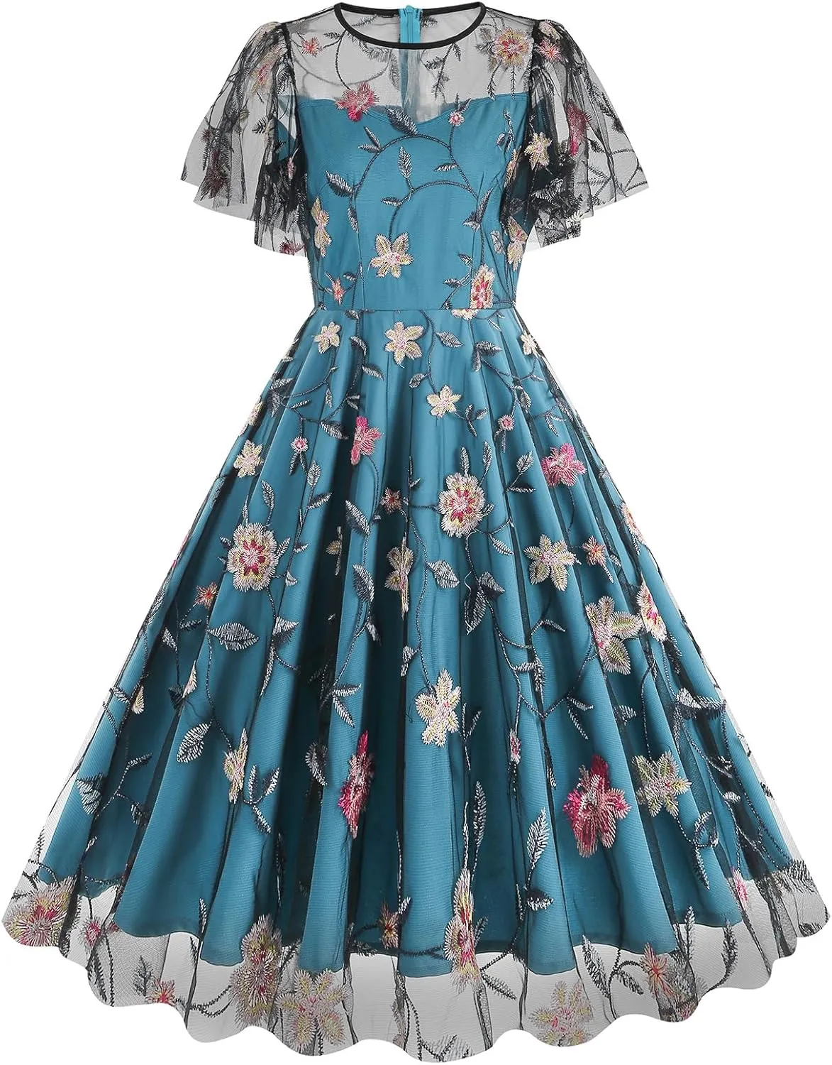 IMEKIS Women Vintage Swing Party Dress Elegant Retro 1950s Short Flare Sleeve Mesh Embroidered Floral Ruffle A-line Dress