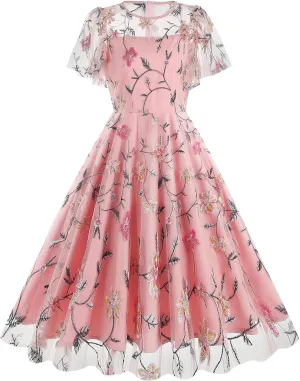 IMEKIS Women Vintage Swing Party Dress Elegant Retro 1950s Short Flare Sleeve Mesh Embroidered Floral Ruffle A-line Dress