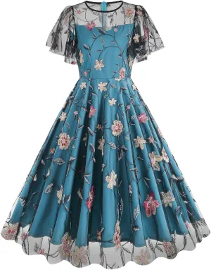 IMEKIS Women Vintage Swing Party Dress Elegant Retro 1950s Short Flare Sleeve Mesh Embroidered Floral Ruffle A-line Dress