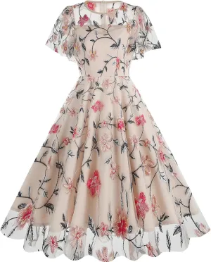 IMEKIS Women Vintage Swing Party Dress Elegant Retro 1950s Short Flare Sleeve Mesh Embroidered Floral Ruffle A-line Dress